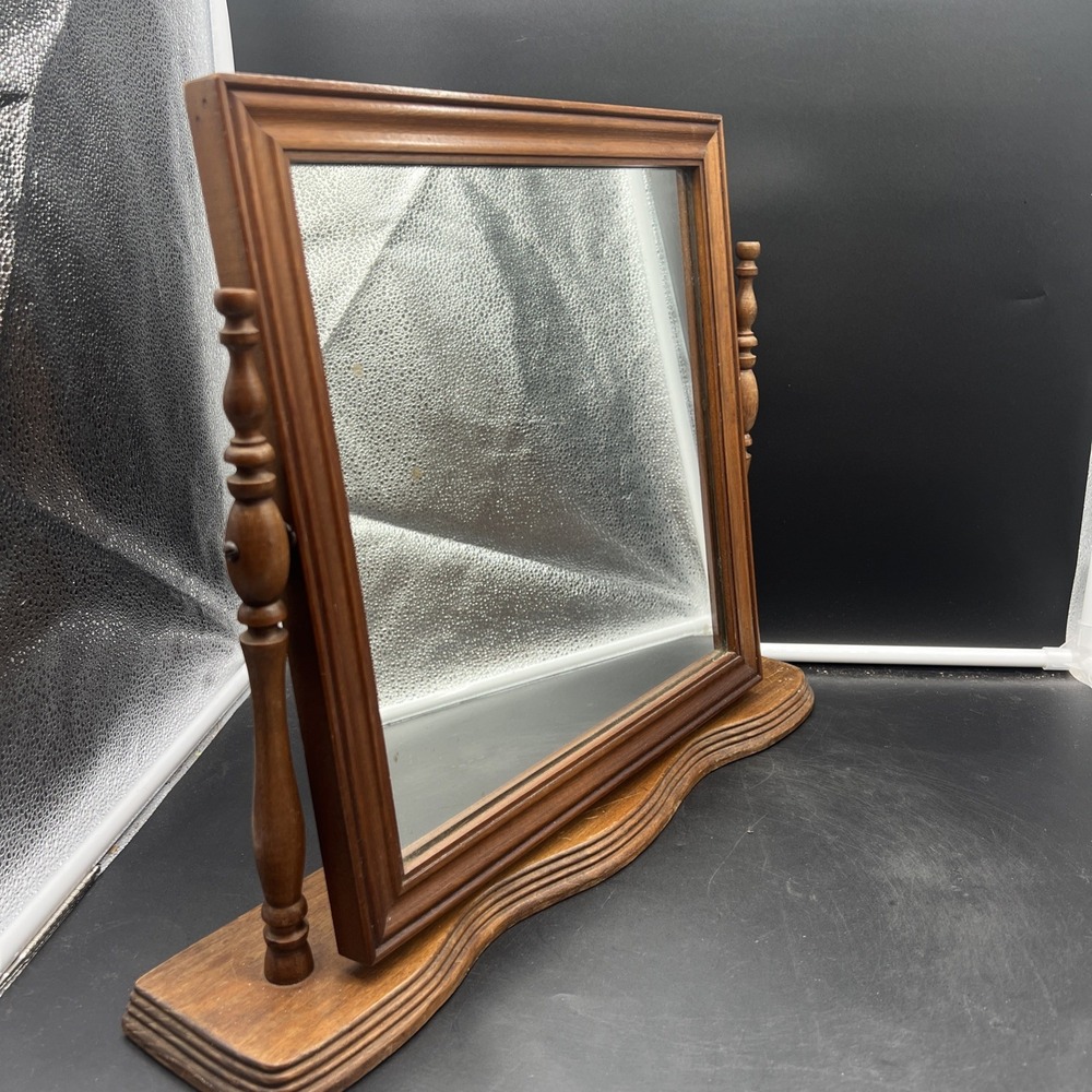 Vintage Wood Vanity Shaving Stand Dresser Table Top Swivel Beveled Mirror